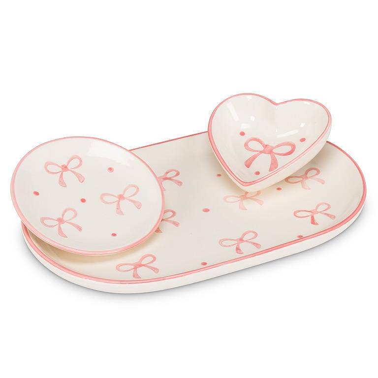 Small Heart Dish with Bows-Ivory & Pink-3.5"L