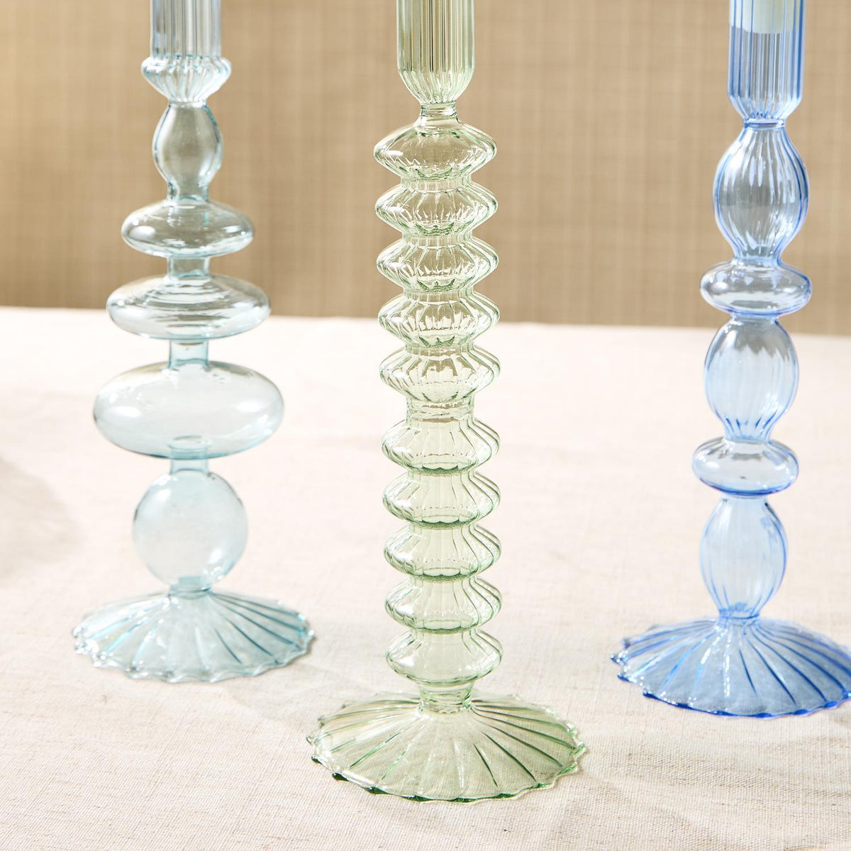 Shades of Blue Hand-Blown Glass Taper Candlestick Candleholders