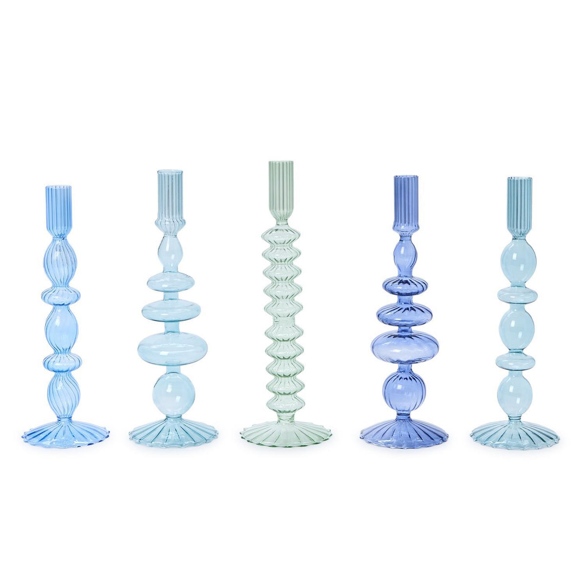 Shades of Blue Hand-Blown Glass Taper Candlestick Candleholders