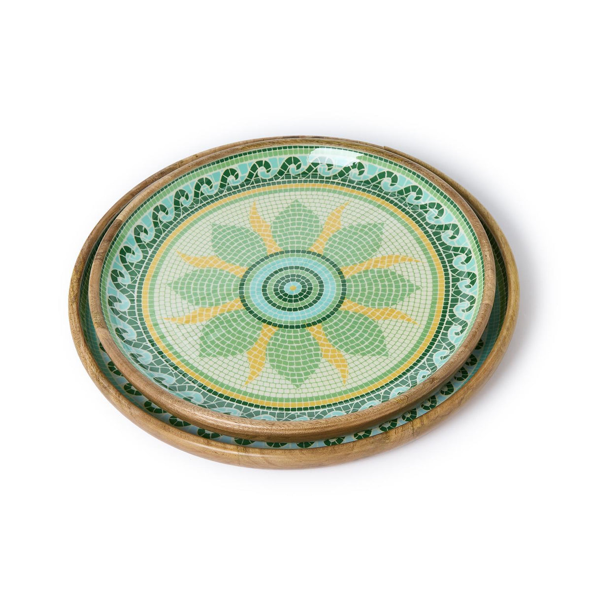 Garden View Hand-Crafted Wooden Round Trays with Enamel Medium