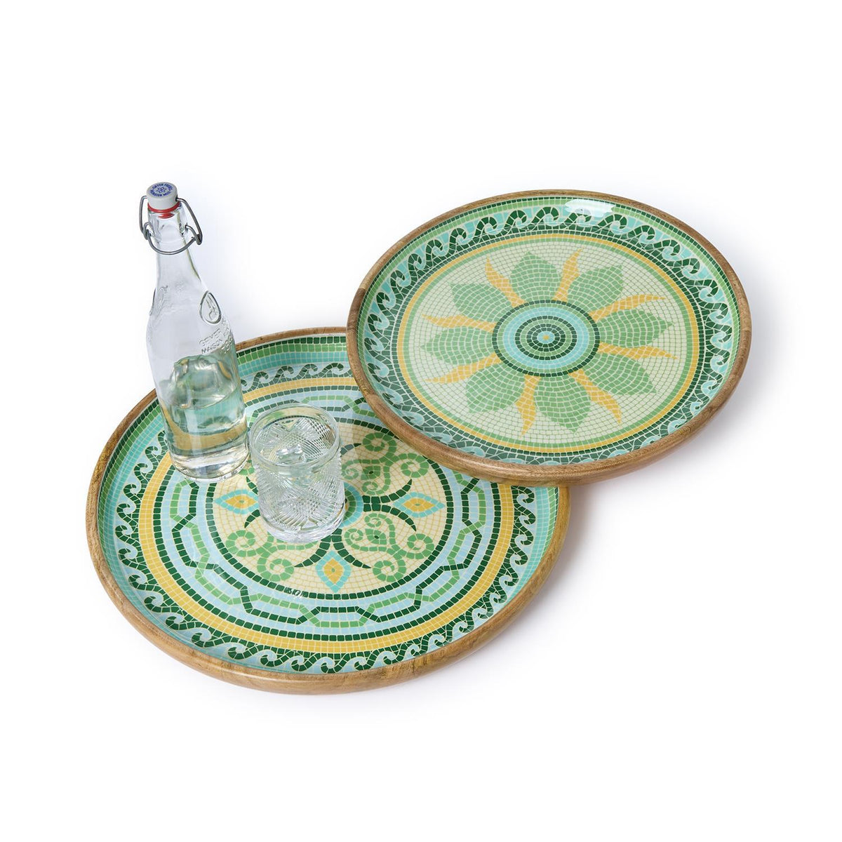 Garden View Hand-Crafted Wooden Round Trays with Enamel Medium