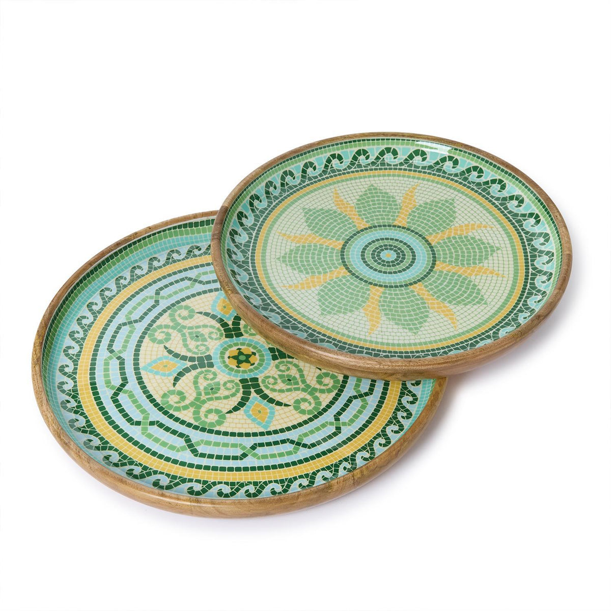 Garden View Hand-Crafted Wooden Round Trays with Enamel Medium