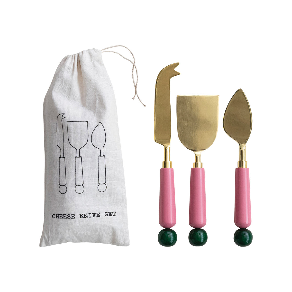 Stainless Steel Cheese Knives with Resin Handles, Gold Finish, Set of 3 in Drawstring Bag