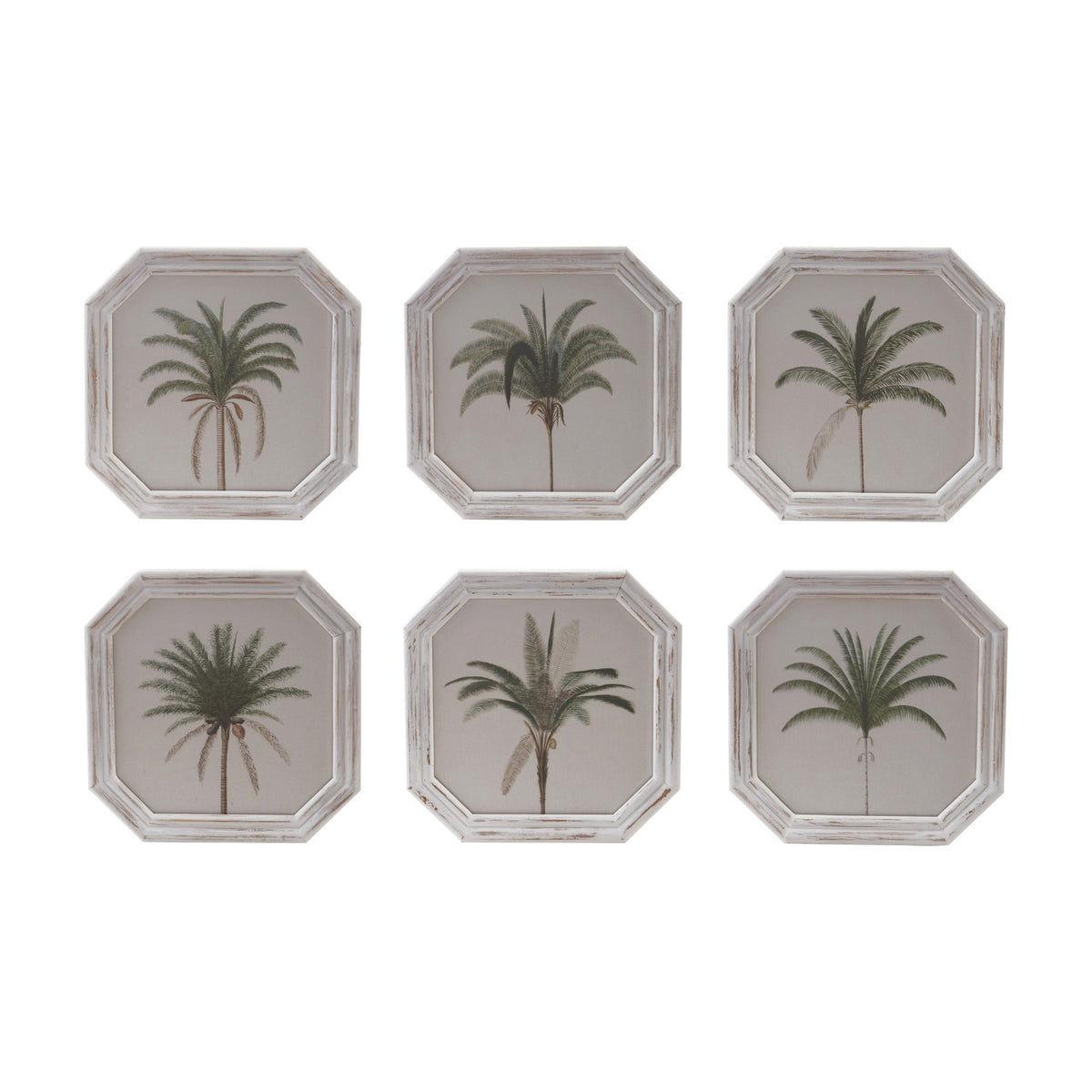 Octagon Shaped Wood Framed Glass Wall Decor with Palm Tree, Distressed Finish, 6 Styles