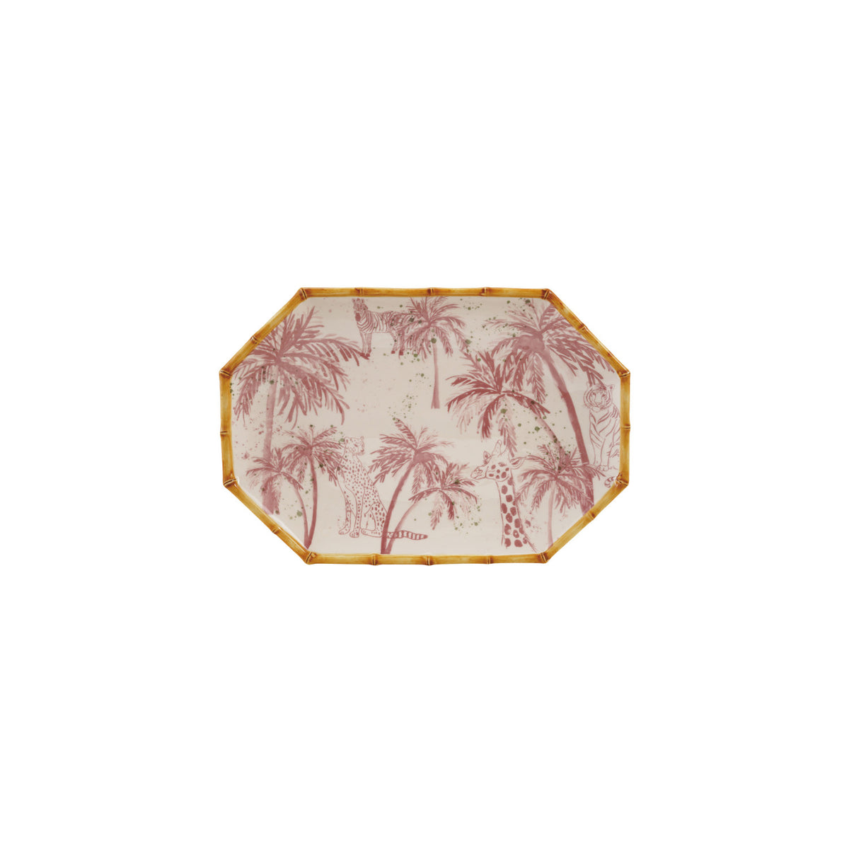 Hand-Painted Stoneware Octagon Shaped Platter with Palm Trees, Animals & Bamboo Style Edge