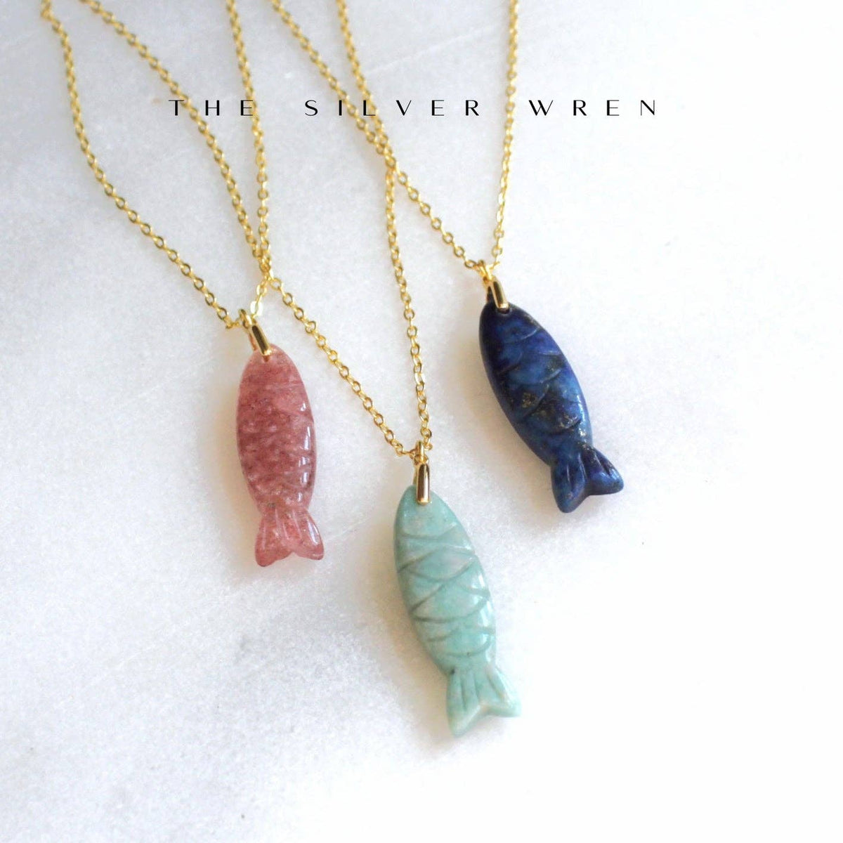 Gemstone Fish Pendant Necklace: Amazonite / 18 inch